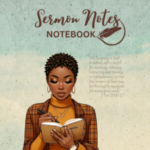 Product image for 'Sermon Notes Notebook' featuring an illustration of a beautiful African American woman with short, natural hair, and a brown turtleneck under a plaid jacket. She wears a cross necklace and is writing in an open notebook labeled 'Notes'. Above her, the title 'Sermon Notes NOTEBOOK' is written in a decorative font. In the background, there's a feather quill and a scripture quote from 2 Timothy 3:16-17 about the God-breathed nature of scripture and its purpose. The backdrop has a textured look with a gradient from tan to light teal.