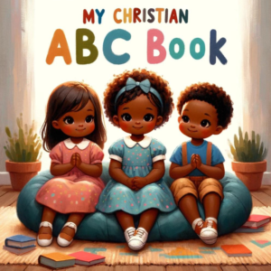 Illustration of two smiling African American girls and one boy sitting on cushions for 'My Christian ABC Book', showcasing diversity and joy in a Christian educational context.