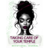 Product image for Taking Care of Your Temple Devotional Journal with the head and shoulders of a beautiful black woman in a prayer pose. She has on red lipstick and her hair is in a messy updo