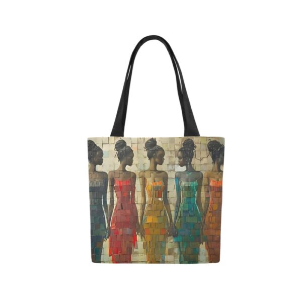 Product image for the Black Elegance Canvas Tote Bag featuring 5 vibrant black women dressed elegantly in different coloured dresses depicting grace, beauty, unity and cultural pride.