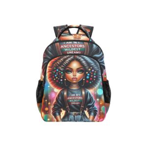 Product image for the Ancestral Legacy Backpack featuring a stunning, vibrant print of a Black woman with the powerful declaration, "I am my ancestors' wildest dreams."