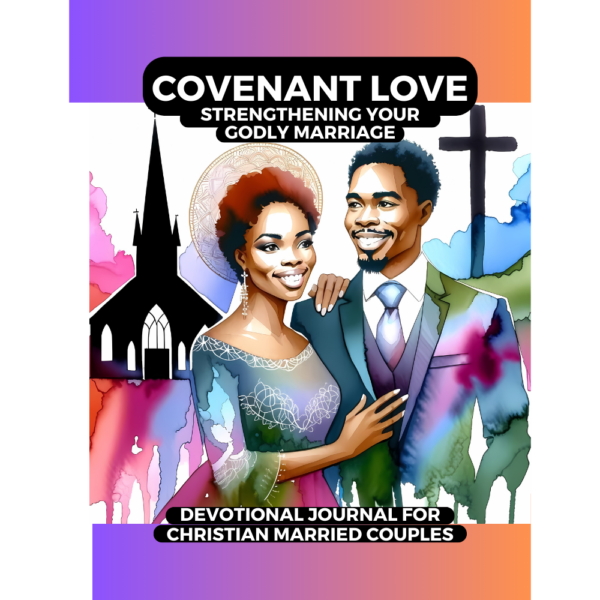 Product image for Covenant Love Devotional Journal featuring a black couple in front of a church smiling at one another in a multicoloured setting of mainly pink, orange and purple.