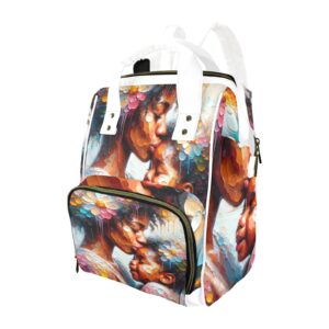 Product inage for mother kissing baby diaper bag featuring a black mother kissing her baby, multi-coloured picture on a white bag