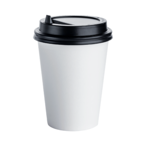 White coffee cup with black cover with sip tip